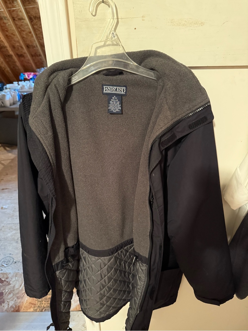 Lands' End Men's Black Hooded Performance Jacket with Gray Fleece Lining